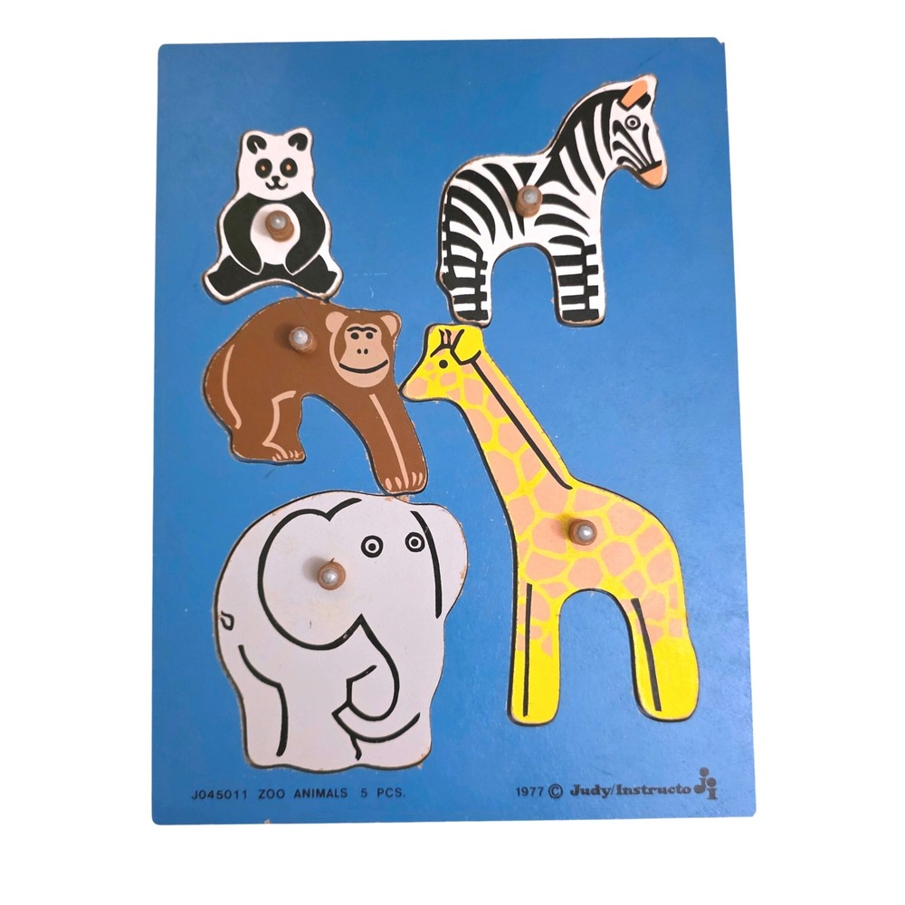 Vintage 1977 Judy Instructo Zoo Animals Wooden Peg Puzzle 5 Piece